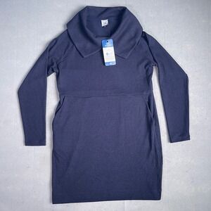Cabi Round Up Dress Funnel Neck Long‎ Sleeve Pockets Black Cobalt Blue M